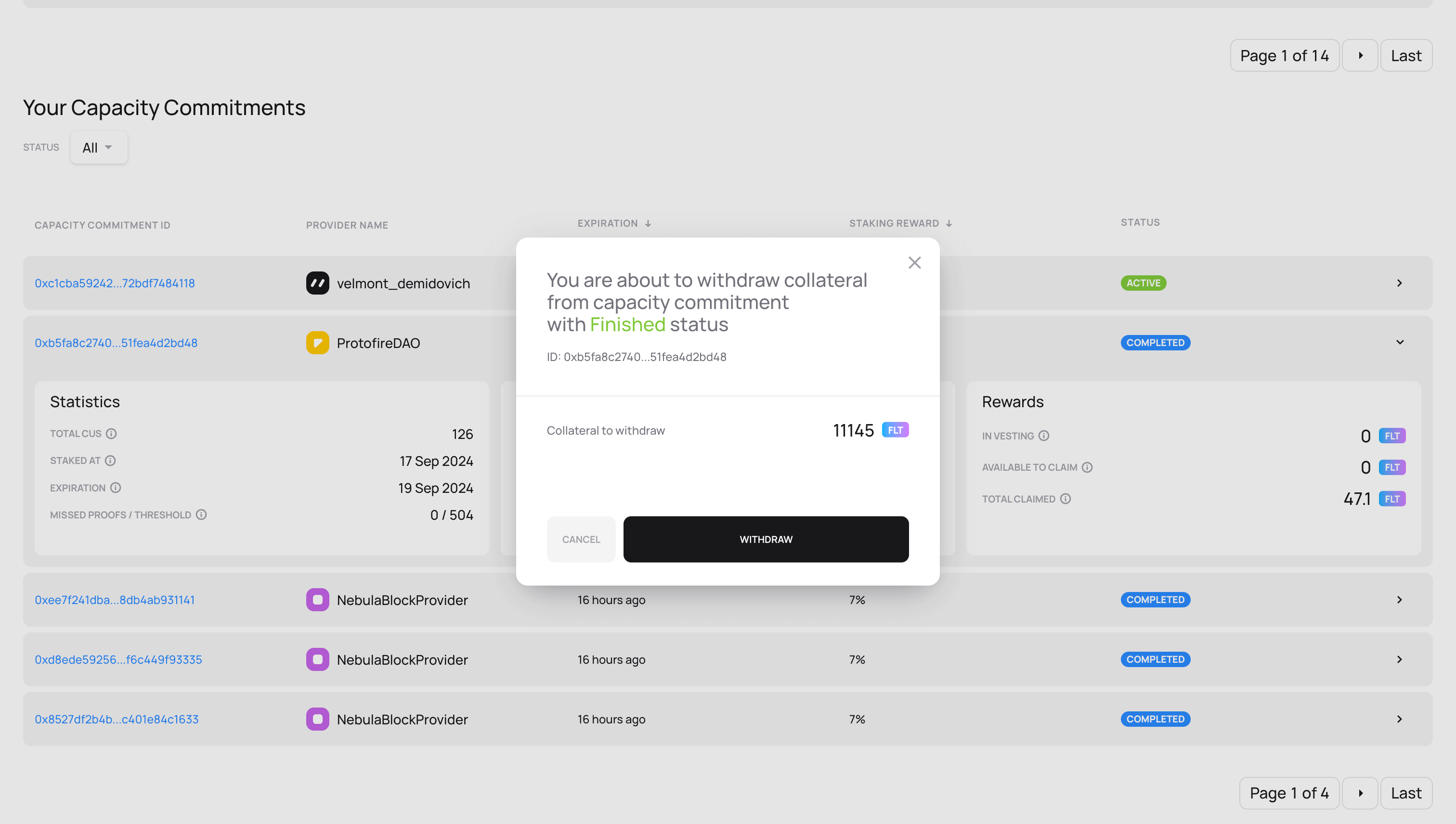 The view of a confirmation window for collateral withdrawal