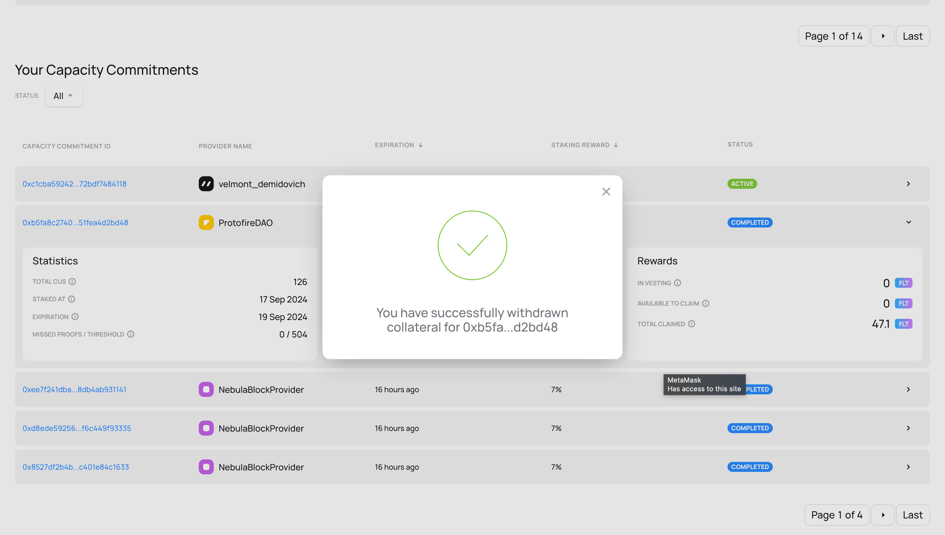 The view of a successful collateral withdrawal confirmation message